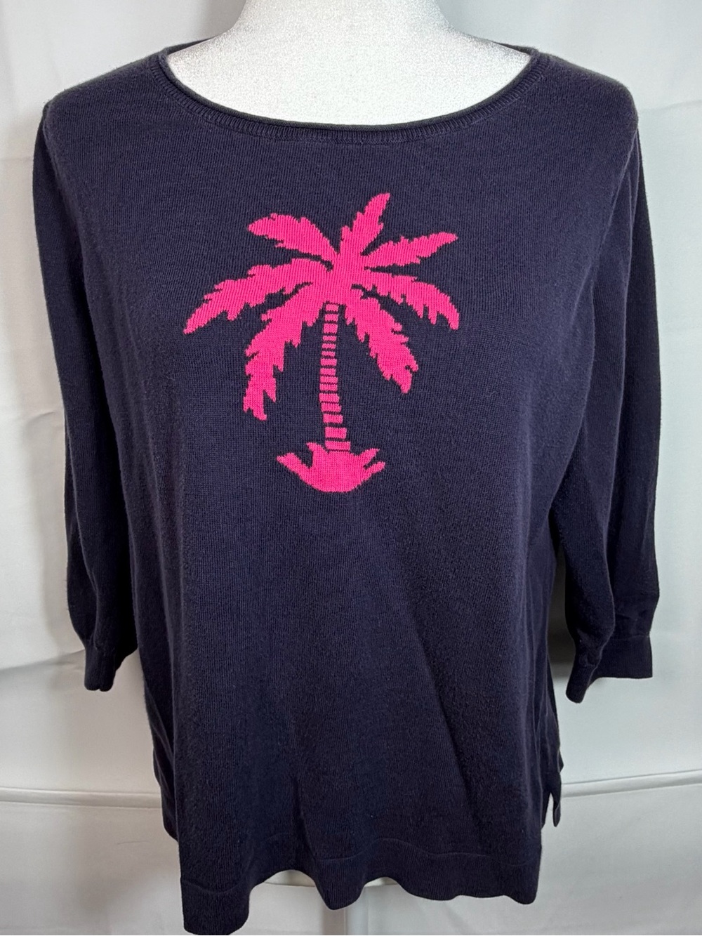 Talbots Petite Large Navy Blue Pink Palm Tree Knit Pullover Sweater Preppy